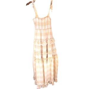 Storia Sunny Days Plaid Tiered Maxi Dress Smocked Ruffle Tie Strap Yellow  Sz S